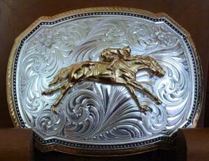 RACEHORSE AND JOCKEY RECTANGULAR BELT BUCKLE
