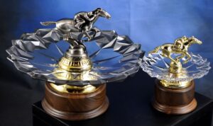 RACEHORSE AND JOCKEY ON CRYSTAL TROPHY