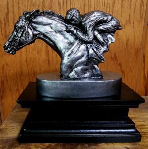 RACEHORSE AND JOCKEY TROPHY ANTIQUE SILVER LG BASE